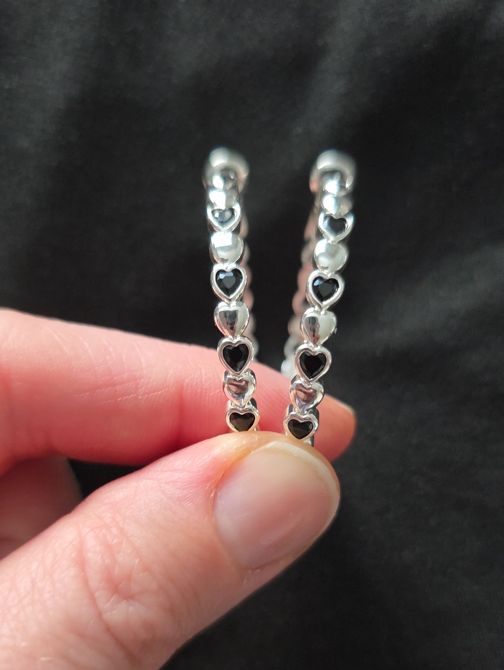 Silver Heart-Link Hoop Earrings - Black Accents